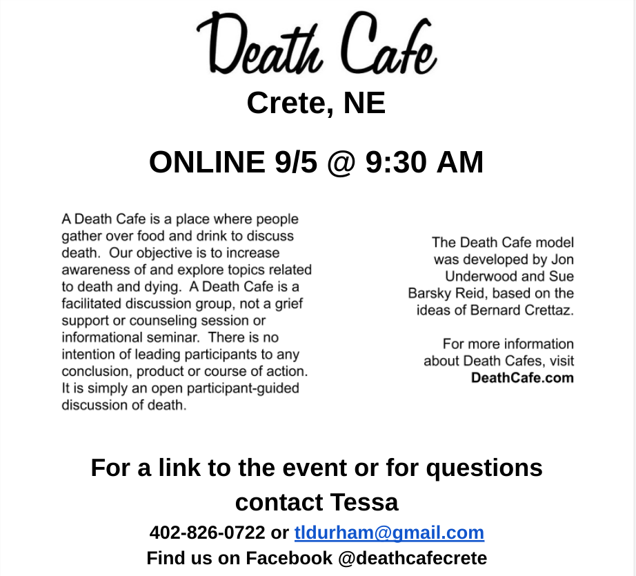 Death Cafe Crete USA Online. Central Time