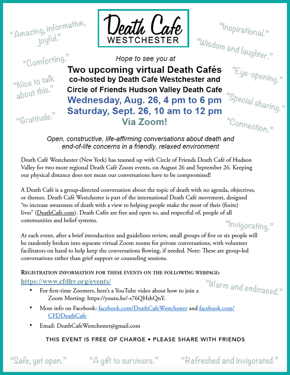 Death Cafe Hudson Valley via Zoom - Aug 26 / Sept. 26