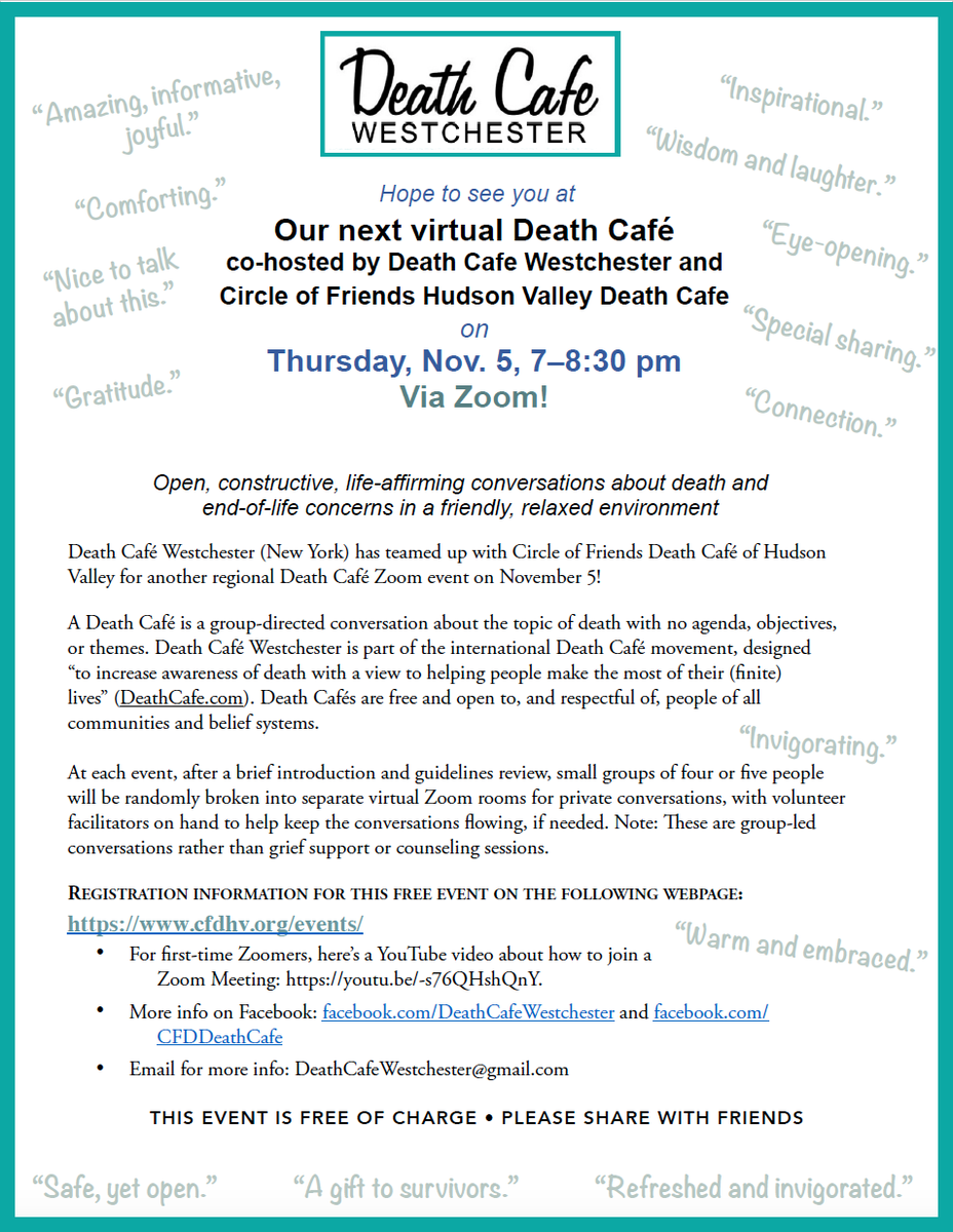 Online Death Cafe Hudson Valley, NY on Zoom EST