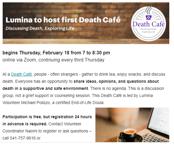 Lumina Online Death Cafe PST